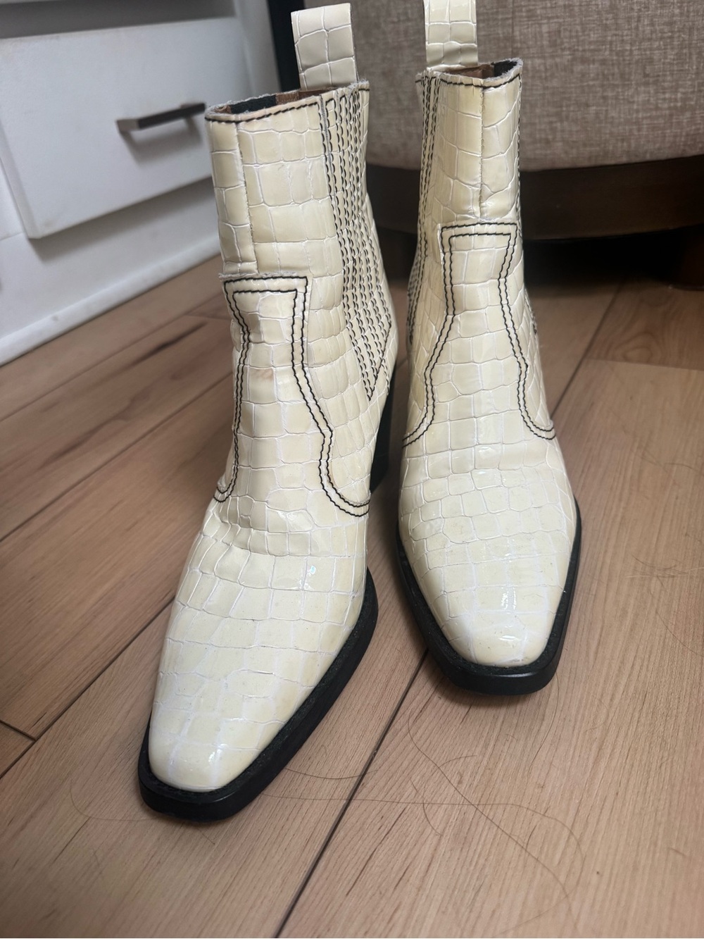 Ganni Callie Cream Croc-Embossed Leather Ankle Boots